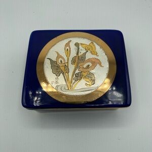 Japanese Chokin - Blue and Gold trinket Box 24K Gold Edged 3 1/4 X 3 3/4 X 1 1/2